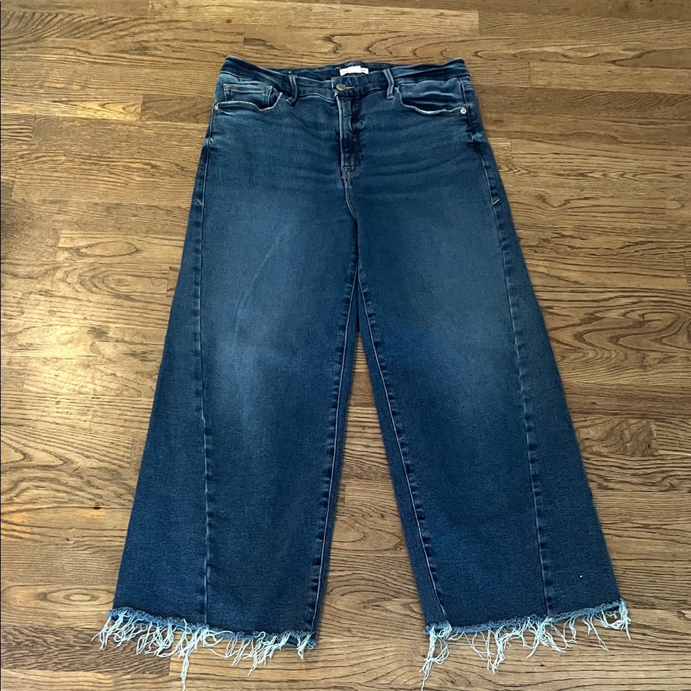 Good American Dark Blue Flare Jeans with Frayed Hem